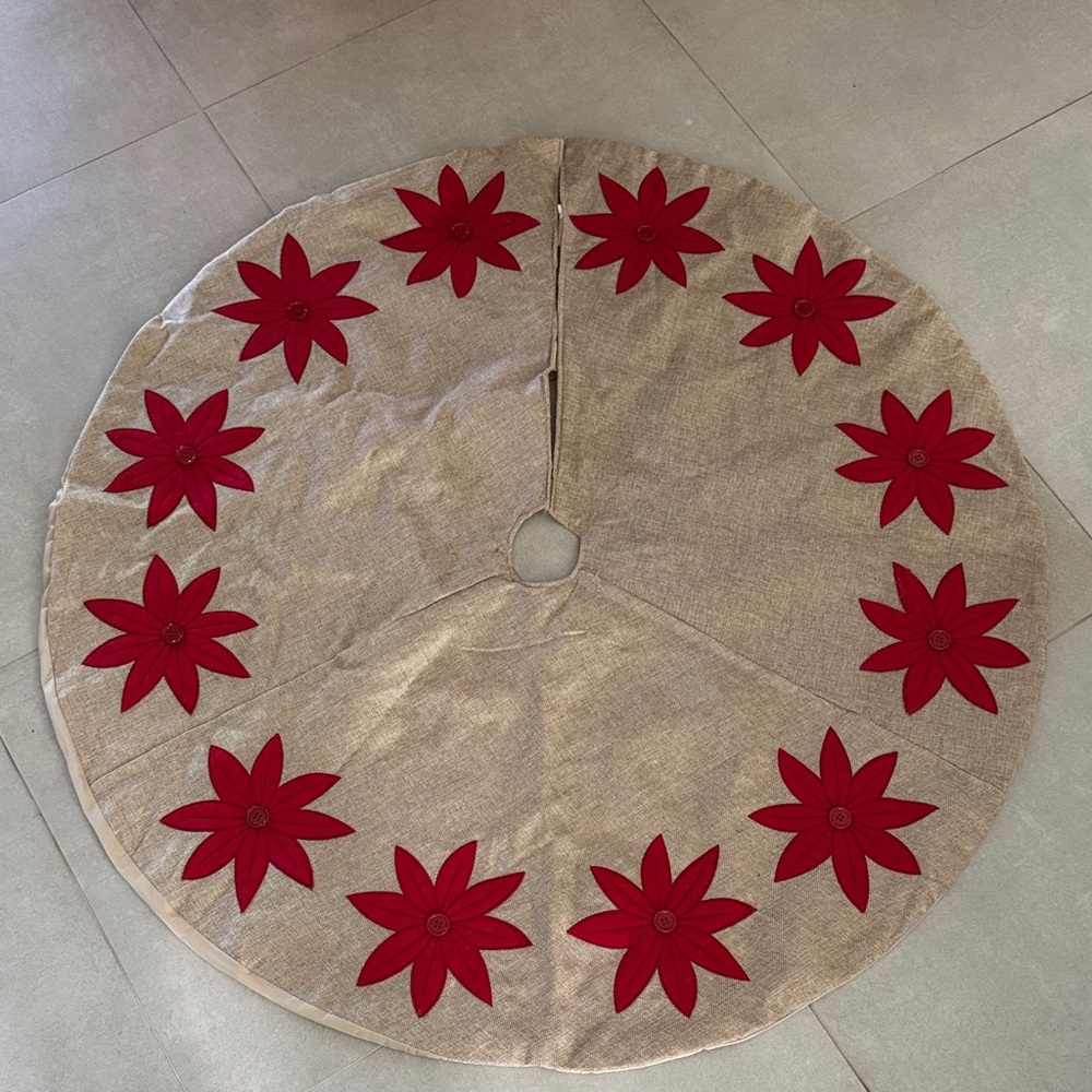 Festive Christmas Tree Skirt with Red Poinsettias burlap embroidery appliqué